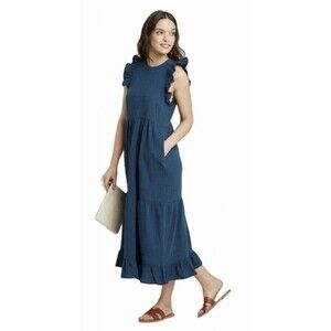 Universal Thread Cotton Womens Medium Blue Ruffle Sleeve Maxi Dress Tank Boho